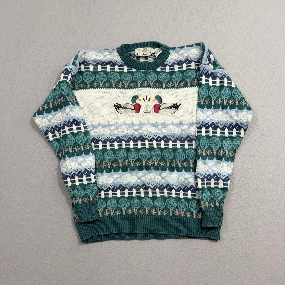 Vintage Orvis Sweater Women XL Duck Embroidered Fair Isle Ramie Cotton Knit 90s